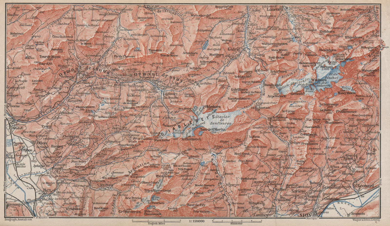 AIGLE DISTRICT.Les Diablerets Villars Gryon Leysin Les Mosses Ormont 1889 map